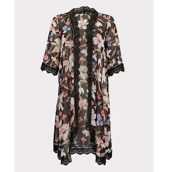 Torrid floral chiffon crochet kimono duster 3/4 - Picture 5 of 10